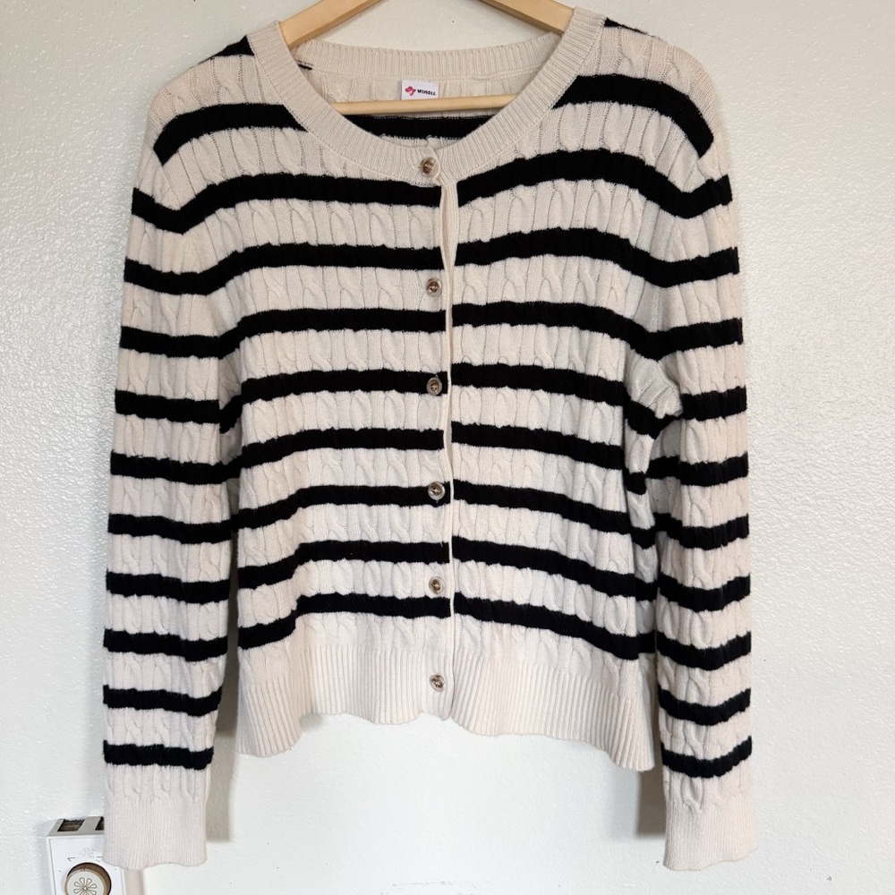 Wiholl Black & Cream Striped Cable Knit Cardigan | Button Front | Size L
